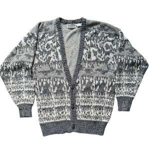 Vintage Cardigan Cozy Jacquard Knit Sweater Gray White Size Large Cabincore